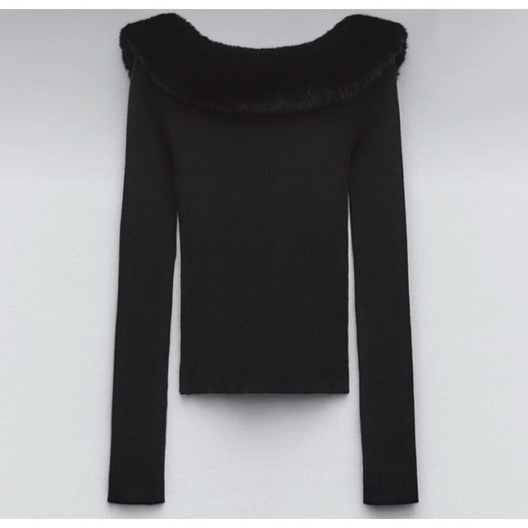 Zara Black Fur Knit Long Sleeve Womens Round Neck Sweater Black Open Back Size S - Picture 1 of 6